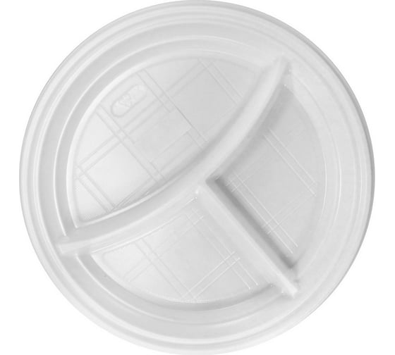 Изображение товара Одноразовая пластиковая тарелка Комус Эконом 3-х секционная 205 мм белая 100 шт 904029