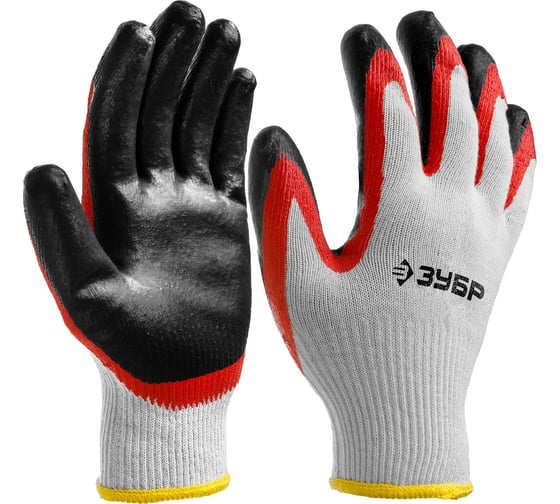 Изображение товара Трикотажные перчатки с двойным латексным обливом ЗУБР МАСТЕР размер S-M, эластичные, натуральный хлопок 11459-S