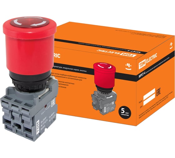 Изображение товара Грибовидная кнопка TDM ELECTRIC MPET4-10R (возврат поворотом; в сборе; диаметр 40 мм; 1з+1р; красная) SQ0747-0030