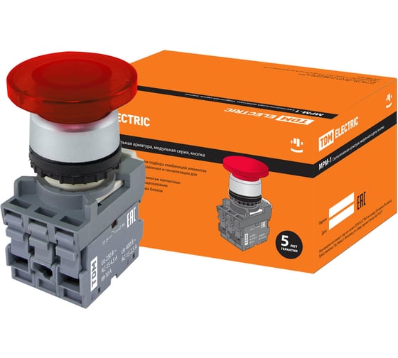 Изображение товара Грибовидная кнопка TDM ELECTRIC МРМ1-11R(LED) (в сборе; диаметр 40 мм; 220B; 1з+1р; красная) SQ0747-0033