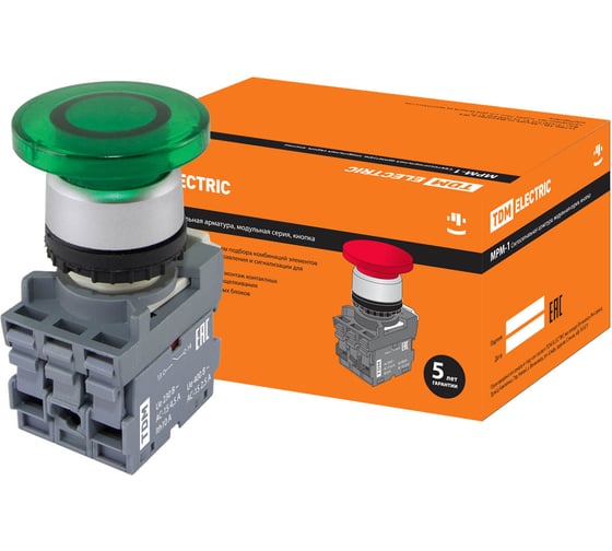 Изображение товара Грибовидная кнопка TDM ELECTRIC МРМ1-11G(LED) (в сборе; диаметр 40 мм; 220B; 1з+1р; зеленая) SQ0747-0031