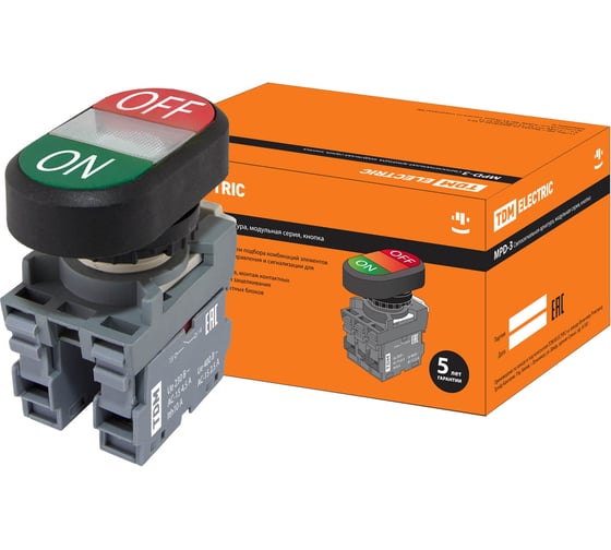 Изображение товара Двойная кнопка TDM ELECTRIC MPD3-11С (LED; в сборе; диаметр 22 мм; 220В; ON/OFF) SQ0747-0053