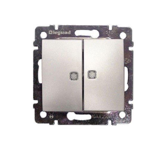 Изображение товара Выключатель Legrand двухклавишный с подсветкой Legrand Valena 10А 250В схема 5L безвинтовые зажимы алюминий 694344