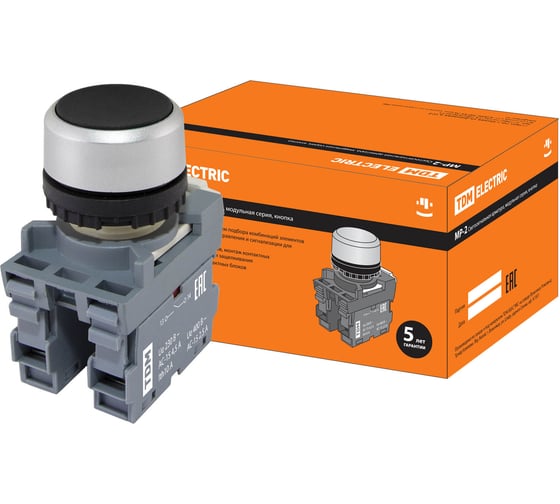 Изображение товара Кнопка с фиксацией TDM ELECTRIC MP2-20B (в сборе; диаметр 22 мм; 1з+1р; черная) SQ0747-0012