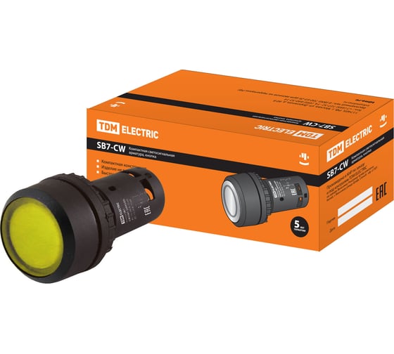 Изображение товара Кнопка TDM ELECTRIC SB7-CW3561-220V(LED) (диаметр 22 мм; 1з; желтая) SQ0746-0029