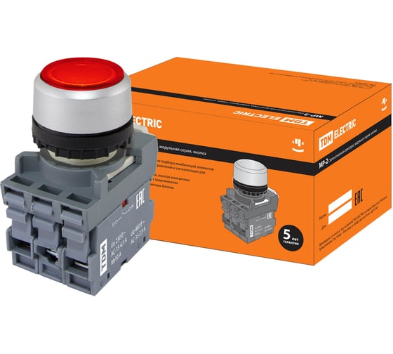 Изображение товара Кнопка с фиксацией TDM ELECTRIC MP2-21R (LED; в сборе; диаметр 22 мм; 1з+1р; 24В; красная) SQ0747-0025