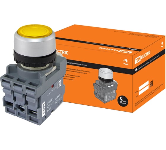 Изображение товара Кнопка с фиксацией TDM ELECTRIC MP2-21Y (LED; в сборе; диаметр 22 мм; 1з+1р; 220В; желтая) SQ0747-0023