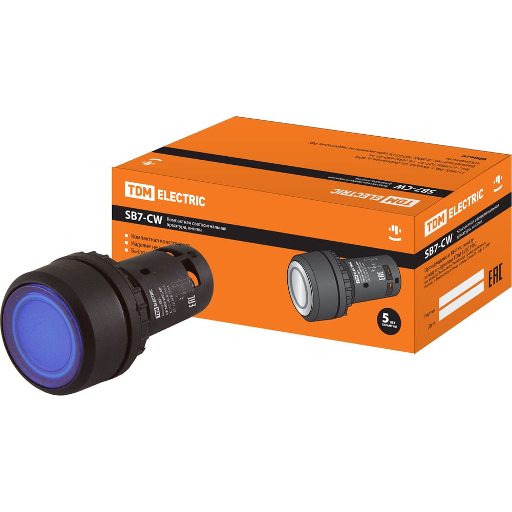 Изображение товара Кнопка TDM ELECTRIC SB7-CW3665-24V LED с подсветкой диаметр 22 мм черная и синяя