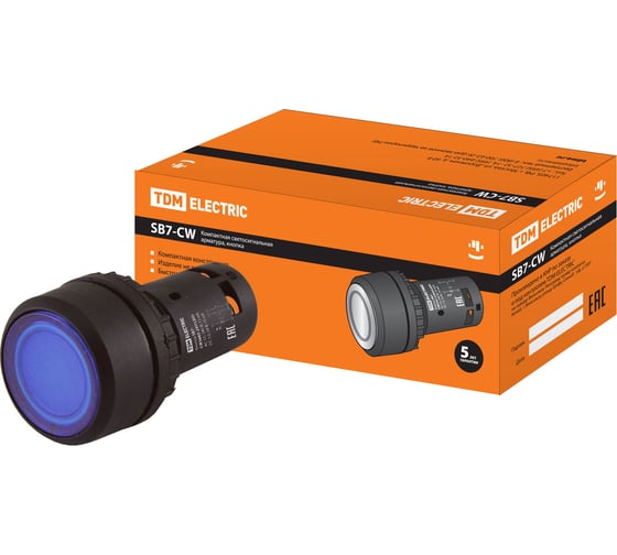 Изображение товара Кнопка TDM ELECTRIC SB7-CW3665-24V(LED) (диаметр 22 мм; 1з+1р; синяя) SQ0746-0040