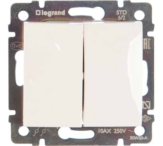 Изображение товара Переключатель Legrand двухклавишный Legrand Valena 10А 250В схема 6/2 безвинтовые зажимы белый 694266