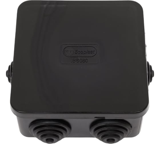 Изображение товара Распределительная коробка Экопласт JBS080 о/п 85x85x40, 6 выходов, IP44 цвет черный, подходит для монтаж. пистолета 44006BL-1