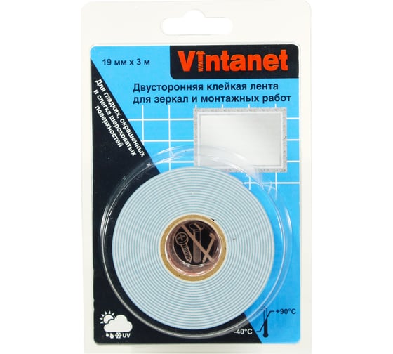 Изображение товара Двусторонняя клейкая лента для зеркал и монтажных работ Vintanet VN819, 19 мм х 3 м VN819193