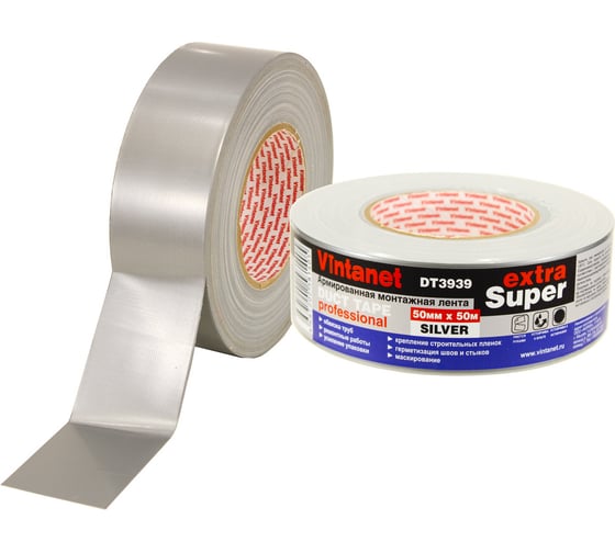 Изображение товара Монтажная армированная лента Vintanet DT3939 ЭКСТРА СУПЕР, серебряная, 50 мм х 50 м DT39395050S