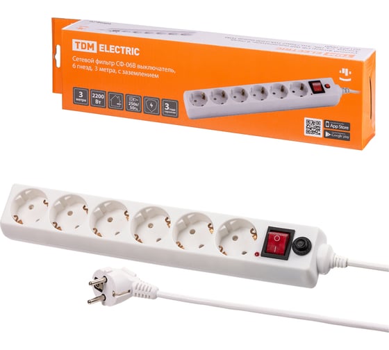 Изображение товара Сетевой фильтр TDM ELECTRIC удлинитель удлинитель с выключателем СФ-06В, 6 гнезд, 3 метра, с заземлением, ПВС 3х0,75мм2 10А/250В белый SQ1304-0020