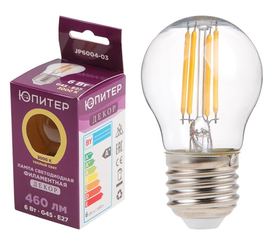 Изображение товара Светодиодная филаментная лампа ЮПИТЕР E27 G45 6 Вт 3000К JP6004-03