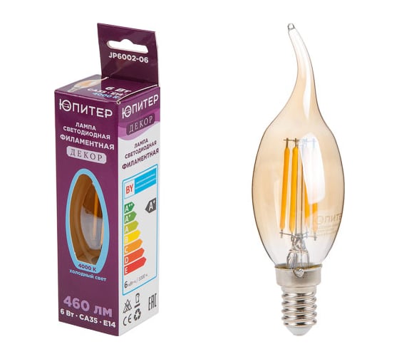 Изображение товара Светодиодная филаментная лампа ЮПИТЕР E14 CA35 6 Вт 4000К JP6002-06