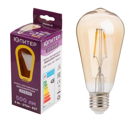 Изображение товара Светодиодная филаментная лампа ЮПИТЕР E27 ST64 6 Вт 3000К JP6006-01