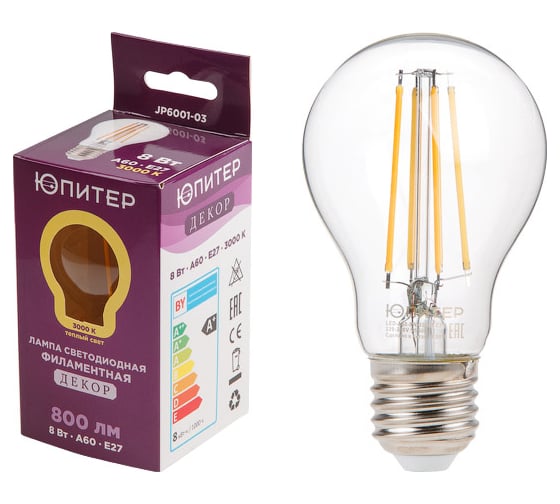Изображение товара Светодиодная филаментная лампа ЮПИТЕР E27 А60 8 Вт 3000К JP6001-03