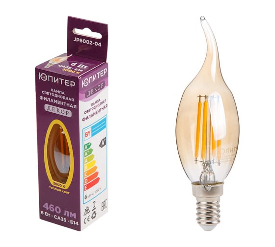 Изображение товара Светодиодная филаментная лампа ЮПИТЕР E14 CA35 6 Вт 3000К JP6002-04