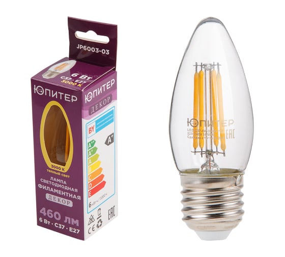 Изображение товара Светодиодная филаментная лампа ЮПИТЕР E27 C37 6 Вт 3000К JP6003-03