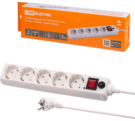 Изображение товара Сетевой фильтр TDM ELECTRIC СФ-05В выключатель, 5 гнезд, 3 метра, с/з, ПВС 3x0,75мм2 SQ1304-0017