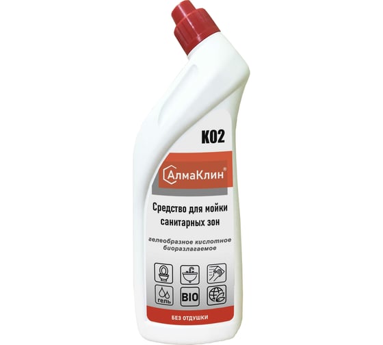Изображение товара Кислотное моющее средство для санузлов ООО "БАЗОВАЯ ДЕЗИНФЕКЦИЯ" АлмаКлин K02, гель, 0.75 л, со скошенным носиком K02-0,75Л