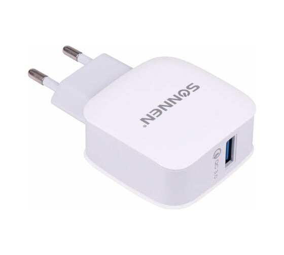 Изображение товара Быстрое зарядное устройство SONNEN сетевое (220 В), USB QC 3.0 18 Вт, 3 А, белое, 455506
