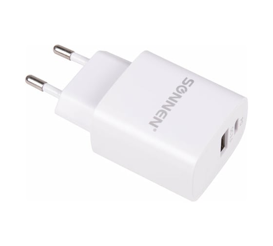 Изображение товара Быстрое зарядное устройство SONNEN сетевое 220В, USB QC 3.0 + Type-C PD 20 Вт, 3 А, белое, 455505