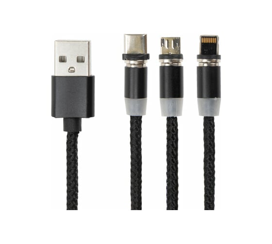 Изображение товара Магнитный кабель SONNEN для зарядки 3в1 USB 2.0-Micro USB/Type-C/Ligtning, 1м, черный 513561