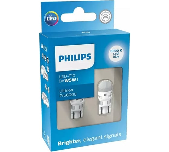 Изображение товара Автолампа PHILIPS T10W W2.1 9.5d LED COOL BLUE Ultinon Pro6000 8000K 60Лм 12V 11961XU60x2 11961XU60X2