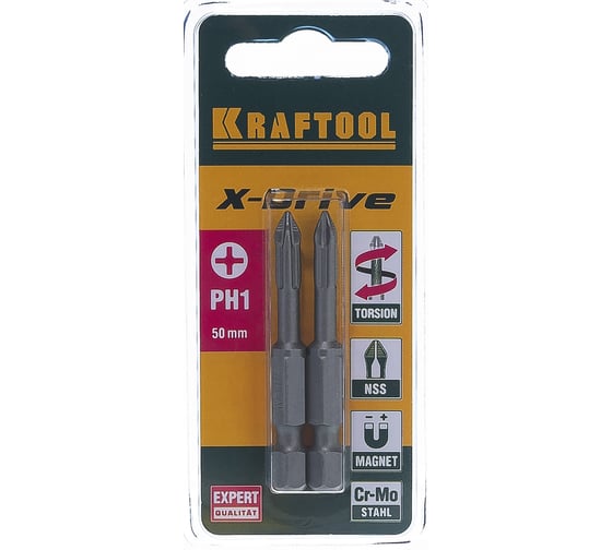 Изображение товара Биты "EXPERT" (E 1/4"; PH 1; 50 мм; 2 шт.) KRAFTOOL 26121-1-50-2