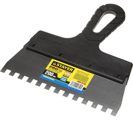 Изображение товара Нержавеющий зубчатый шпатель с пластмассовой ручкой, 200мм, зуб 8х8мм STAYER 1009-20-08