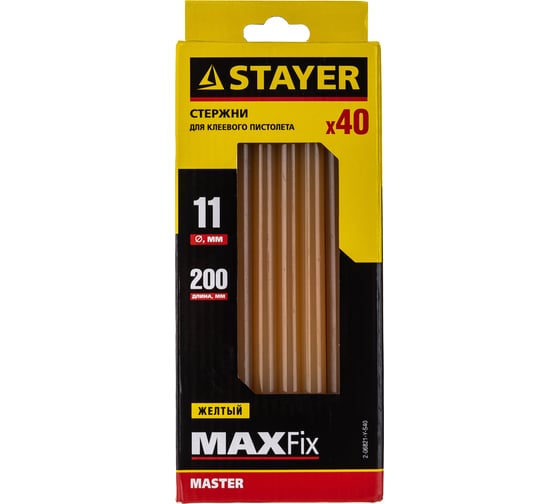 Изображение товара Стержень (11х200 мм; желтый; 40 шт.) по бумаге/дереву для клеевого пистолета STAYER 2-06821-Y-S40