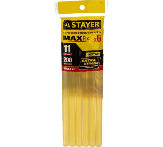 Изображение товара Стержень (11х200 мм; желтый; 6 шт.) по бумаге/дереву для клеевого пистолета STAYER 2-06821-Y-S06