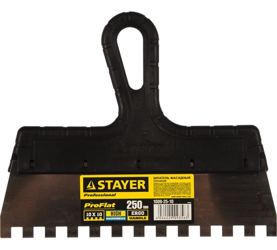 Изображение товара Нержавеющий зубчатый шпатель с пластмассовой ручкой, 250мм, зуб 10х10мм STAYER 1009-25-10