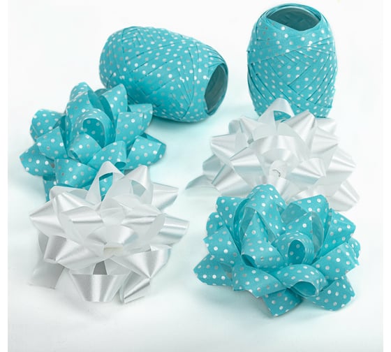 Изображение товара Набор для декора и подарков ЗОЛОТАЯ СКАЗКА 4 банта, 2 ленты, горошек, белый, голубой 591845