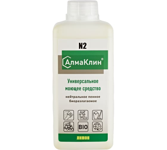 Изображение товара Нейтральное универсальное моющее средство ООО "БАЗОВАЯ ДЕЗИНФЕКЦИЯ" АлмаКлин N2, лимон, 1 л, крышка N2-ЛИМ-1Л
