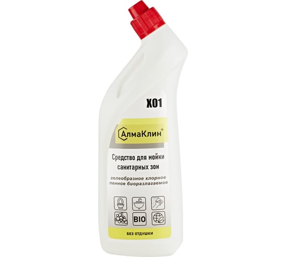 Изображение товара Щелочное моющее средство для санузлов ООО "БАЗОВАЯ ДЕЗИНФЕКЦИЯ" АлмаКлин X01, с активным хлором, 0.75 л, со скошенным носиком X01-0,75Л