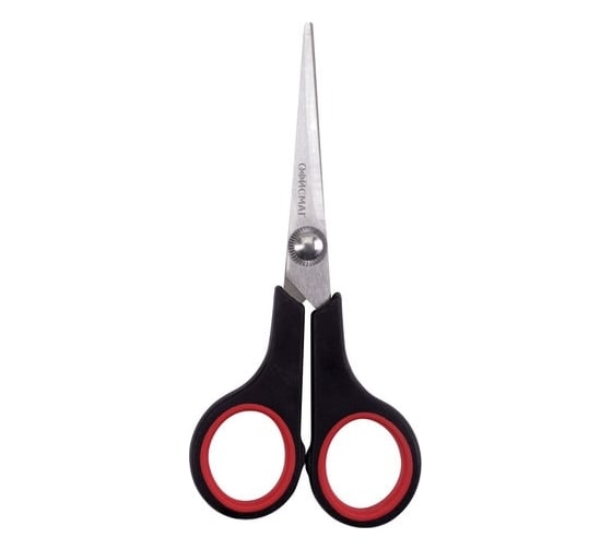 Изображение товара Ножницы ОФИСМАГ Soft Grip 140 мм, резиновые вставки, черно-красные, 3-х сторонняя заточка 236454