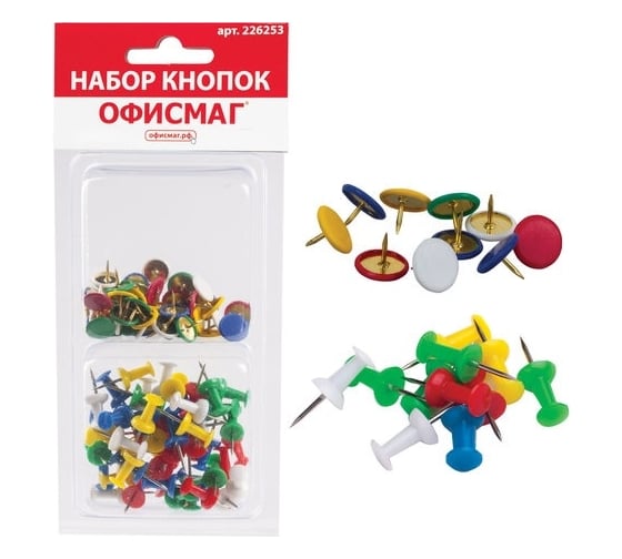 Изображение товара Набор ОФИСМАГ силовые кнопки-гвоздики, ассорти 50 шт, кнопки канцелярские цветные 50 шт, блистер 226253