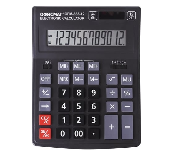Изображение товара Настольный калькулятор ОФИСМАГ Ofm-333 200x154 мм, 12 разрядов, двойное питание, черный 250462