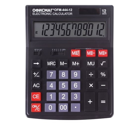 Изображение товара Настольный калькулятор ОФИСМАГ Ofm-444 199x153 мм, 12 разрядов, двойное питание, черный 250459