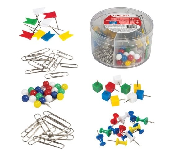 Изображение товара Набор ОФИСМАГ скрепки 28 мм/60 шт, 50 мм/30 шт, гвоздики 50 шт, шарики, кубики, флажки по 20 шт, цилиндр 226256