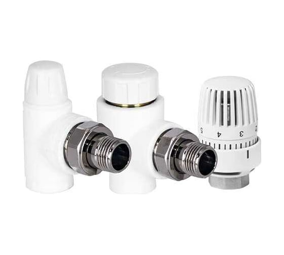 Изображение товара Комплект TEBO C-TB №4 3/4 (термостатический угловой с колпачком 25x3/4, клапан запорный угловой 25x3/4, термостатическая головка) 030061112