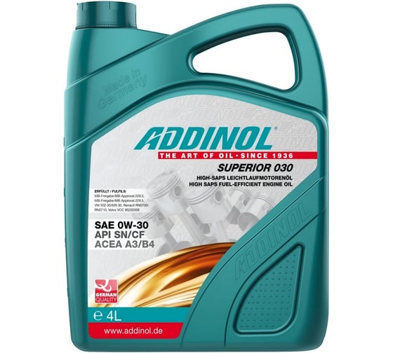 Изображение товара Моторное синтетическое масло Addinol SUPERIOR 030 4 л 4014766250971 72097825