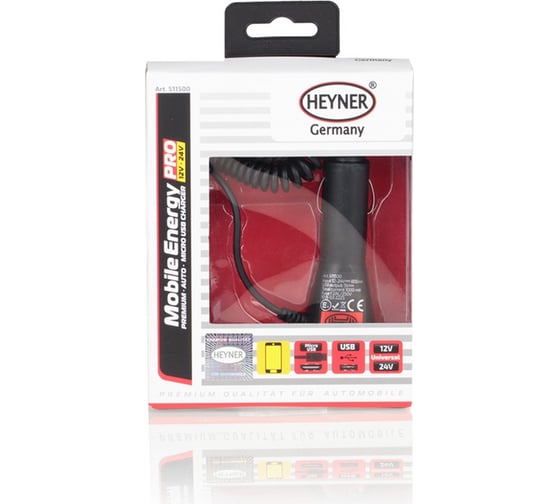 Изображение товара Зарядное устройство от прикуривателя Heyner с USB и microUSB, вход: 12/24 B 511500