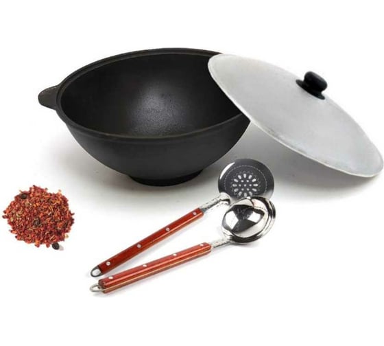 Изображение товара Чугунный казан Davr Metall Узбекский 6 л, круглое дно, с алюминиевой крышкой, с шумовкой, половником и специями КазУз6ЛКШПС