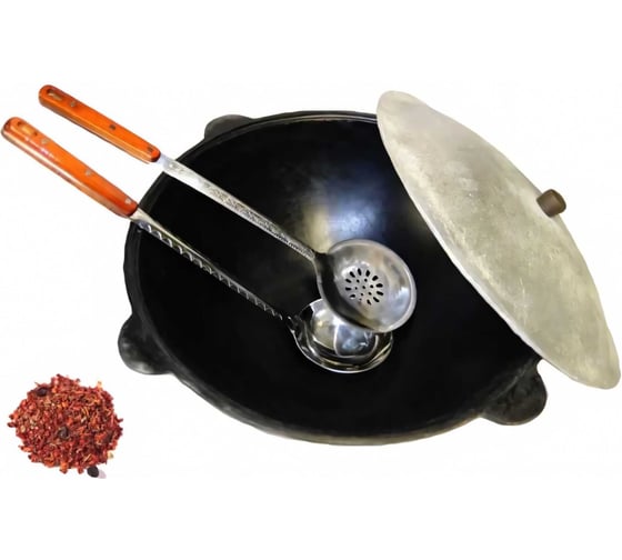 Изображение товара Чугунный казан Davr Metall Узбекский 10 л, плоское дно, с алюминиевой крышкой, с шумовкой, половником и специями КазУз10ЛПШПС