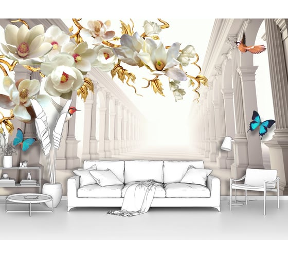 Изображение товара Фотообои ООО Первое ателье абстракции цветы лофт "Цветы с бабочками на фоне белой колоннады" 300x180 см pw73820