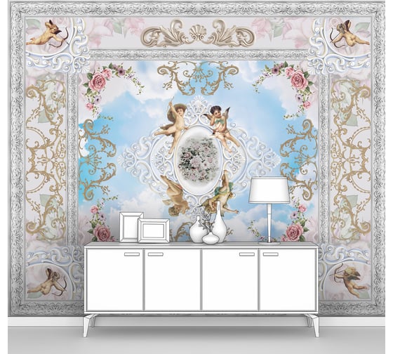 Изображение товара Фотообои ООО Первое ателье "Амуры со стрелами и ангелочки в ажурной раме с розами" 300x240 см pw78608
